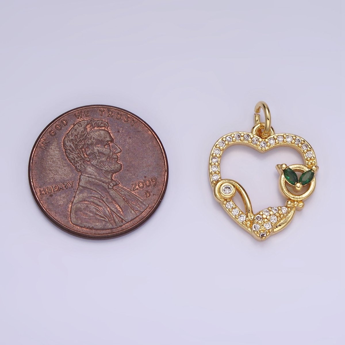 14K Gold Filled 20mm Green-Eyed CZ Micro Paved Open Heart Charm | AG643