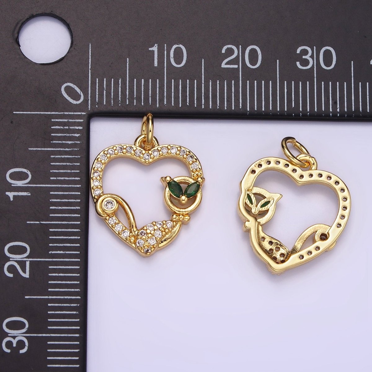 14K Gold Filled 20mm Green-Eyed CZ Micro Paved Open Heart Charm | AG643