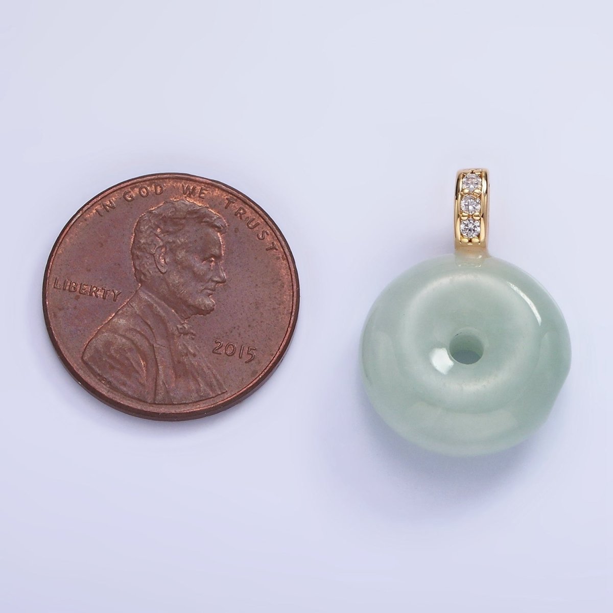 14K Gold Filled 20mm Green Jade Donut Micro Paved CZ Bail Pendant | AH139