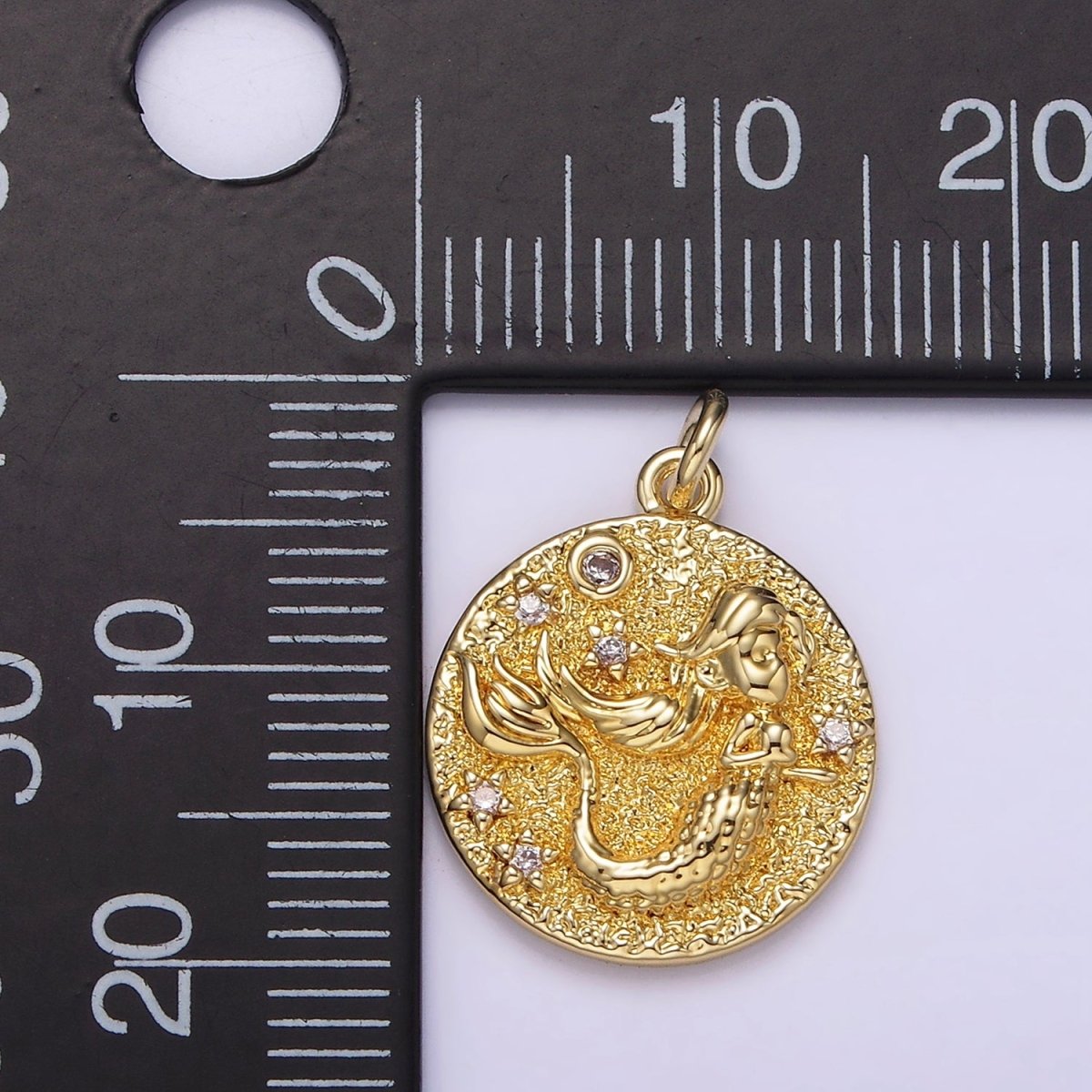 14K Gold Filled 20mm Mermaid Celestial Star CZ Hammered Round Charm | AG266