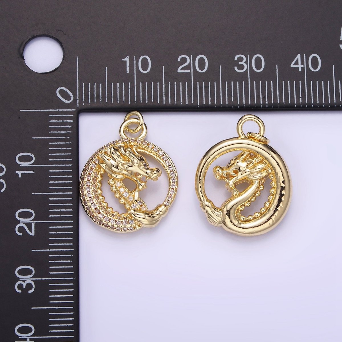 14K Gold Filled 20mm Micro Paved CZ Open Dragon Round Charm | AG716