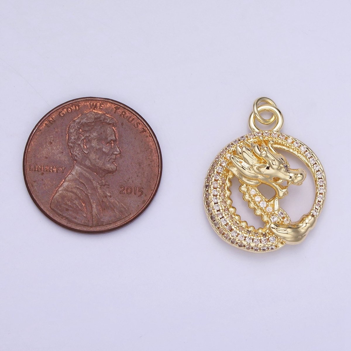 14K Gold Filled 20mm Micro Paved CZ Open Dragon Round Charm | AG716