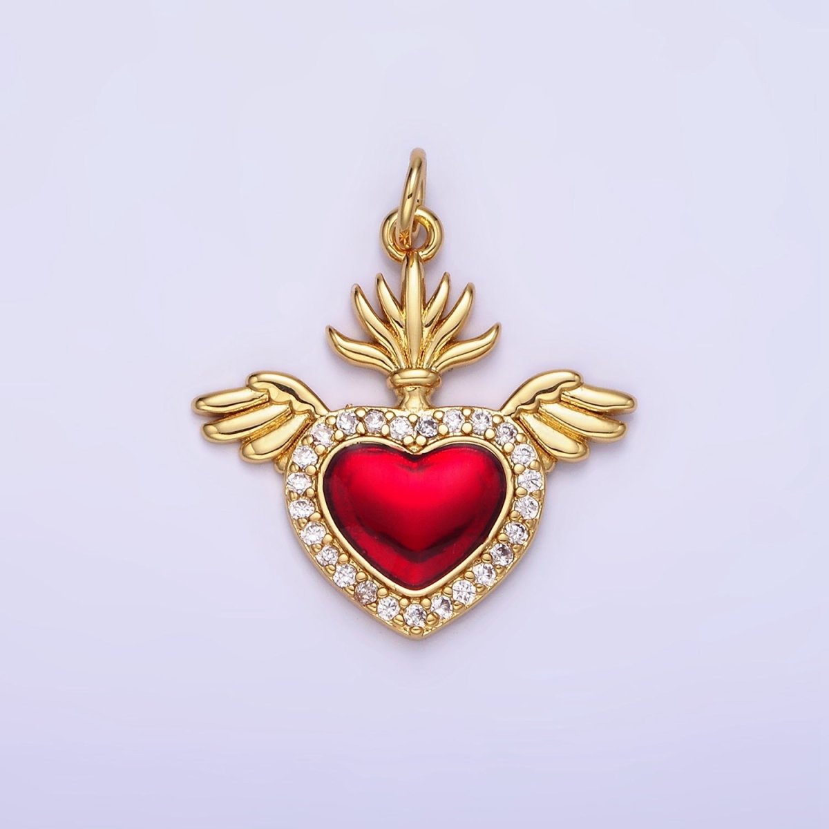14K Gold Filled 20mm Micro Paved CZ Red Sacred Heart Feather Wings Charm | AG625