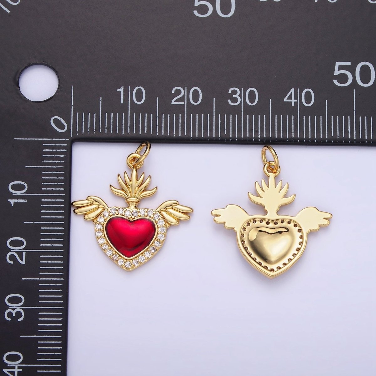 14K Gold Filled 20mm Micro Paved CZ Red Sacred Heart Feather Wings Charm | AG625
