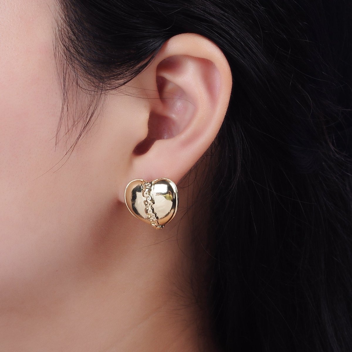 14K Gold Filled 20mm Molten Drip Heart Dome C-Shaped Hoop Earrings | V462