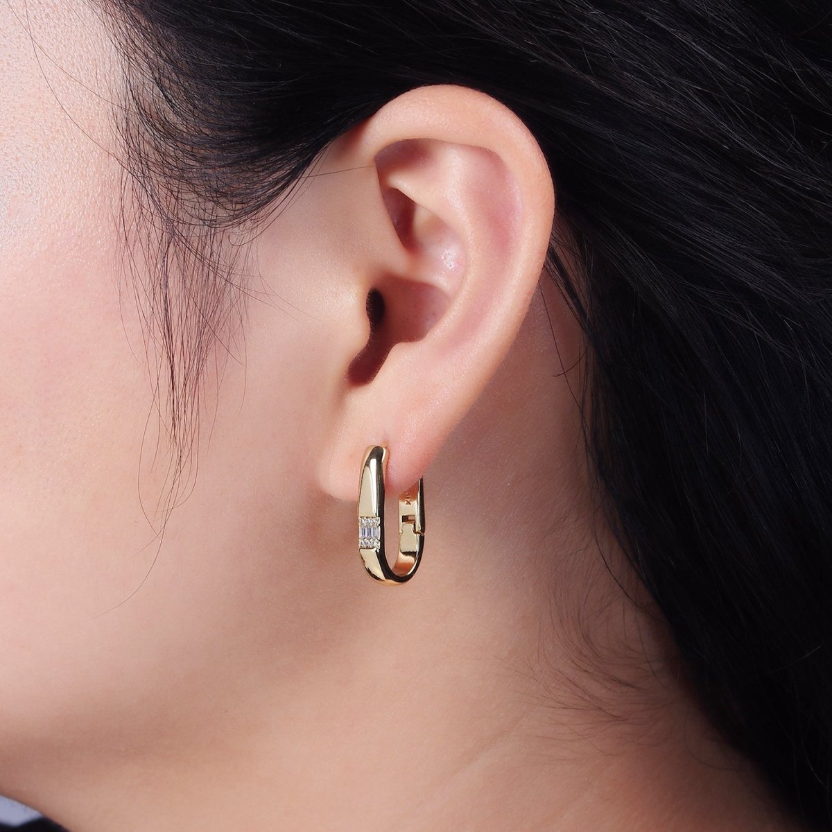 14K Gold Filled 20mm Oblong Triple Baguette Micro Paved CZ Hoop Earrings | AE931