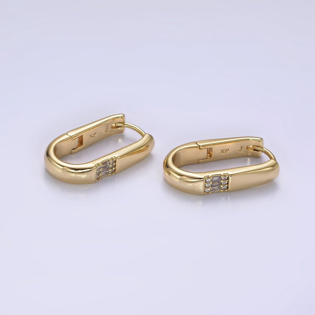 14K Gold Filled 20mm Oblong Triple Baguette Micro Paved CZ Hoop Earrings | AE931