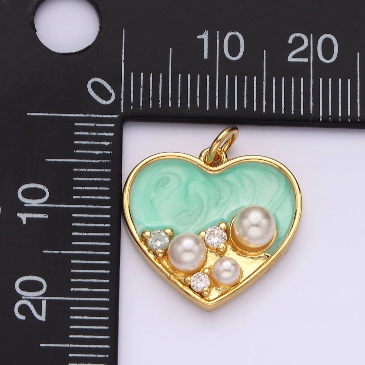 14K Gold Filled 20mm Pearl CZ Dotted Teal Sparkly Enamel Heart Charm | AC788