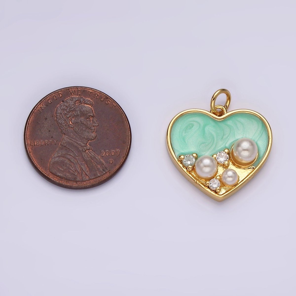 14K Gold Filled 20mm Pearl CZ Dotted Teal Sparkly Enamel Heart Charm | AC788
