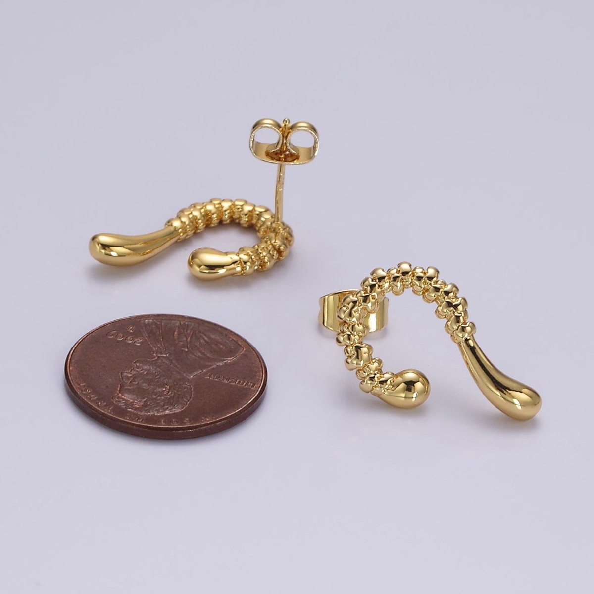 14K Gold Filled 20mm Textured Curved Molten Drop Stud Earrings | V066