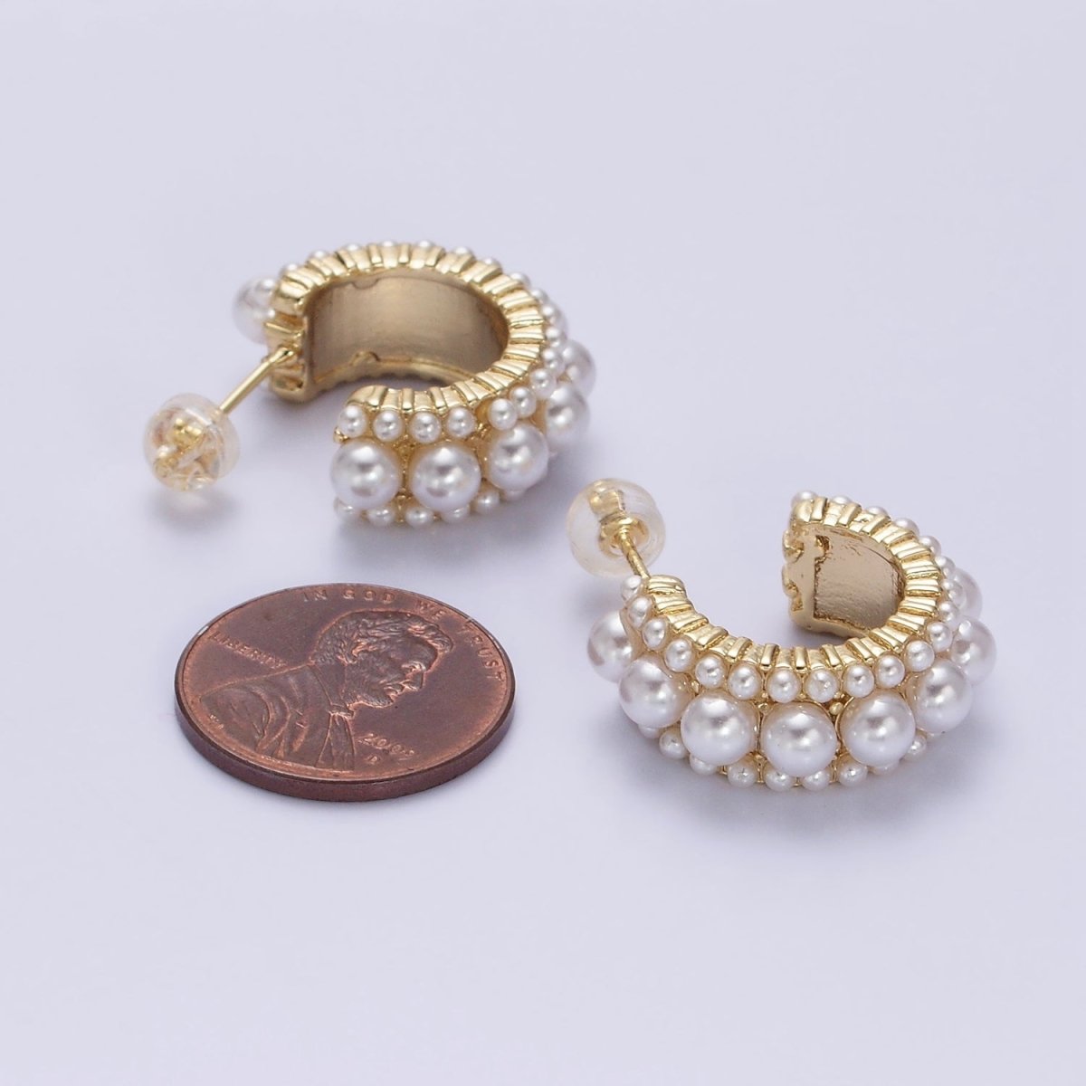 14K Gold Filled 20mm Triple White Pearl Lined C-Shaped Hoop Earrings in Gold & Silver | AD-455 AD-460