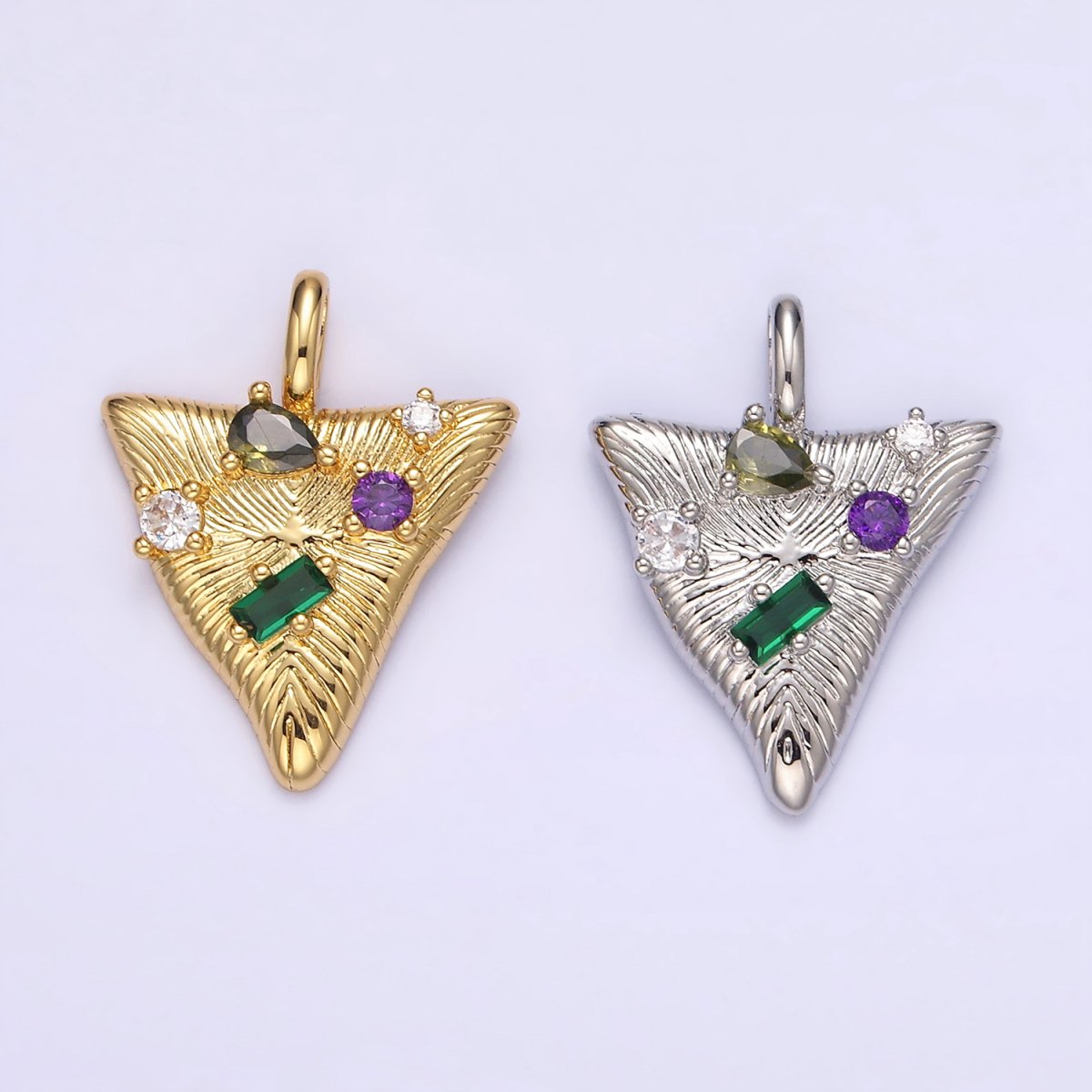 14K Gold Filled 21.5mm Multicolor CZ Line-Textured Abstract Triangle Pendant in Gold & Silver | AA737 AA738