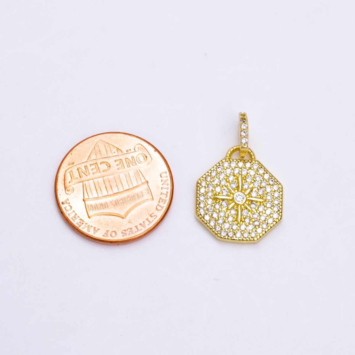 14K Gold Filled 21mm North Star Clear CZ Micro Paved Hexagonal Pendant | AA742