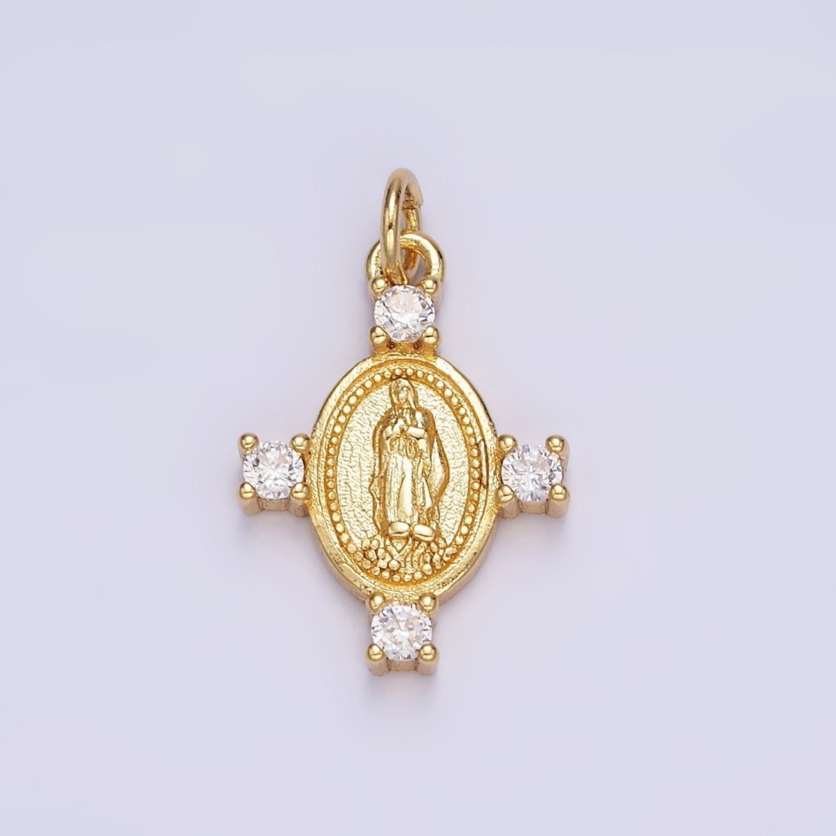 14K Gold Filled 22.5mm Mother Mary Lady Guadalupe Clear CZ Dotted Oval Charm | N-1036