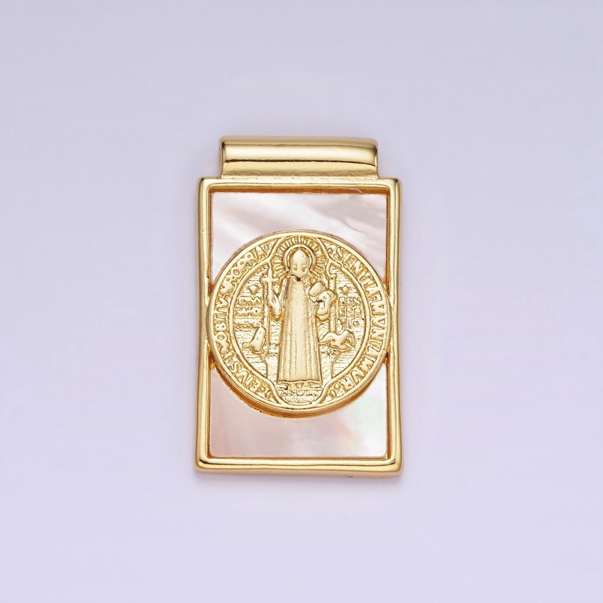 14K Gold Filled 22mm Saint Benedict Shell Pearl Rectangular Pendant | AH155