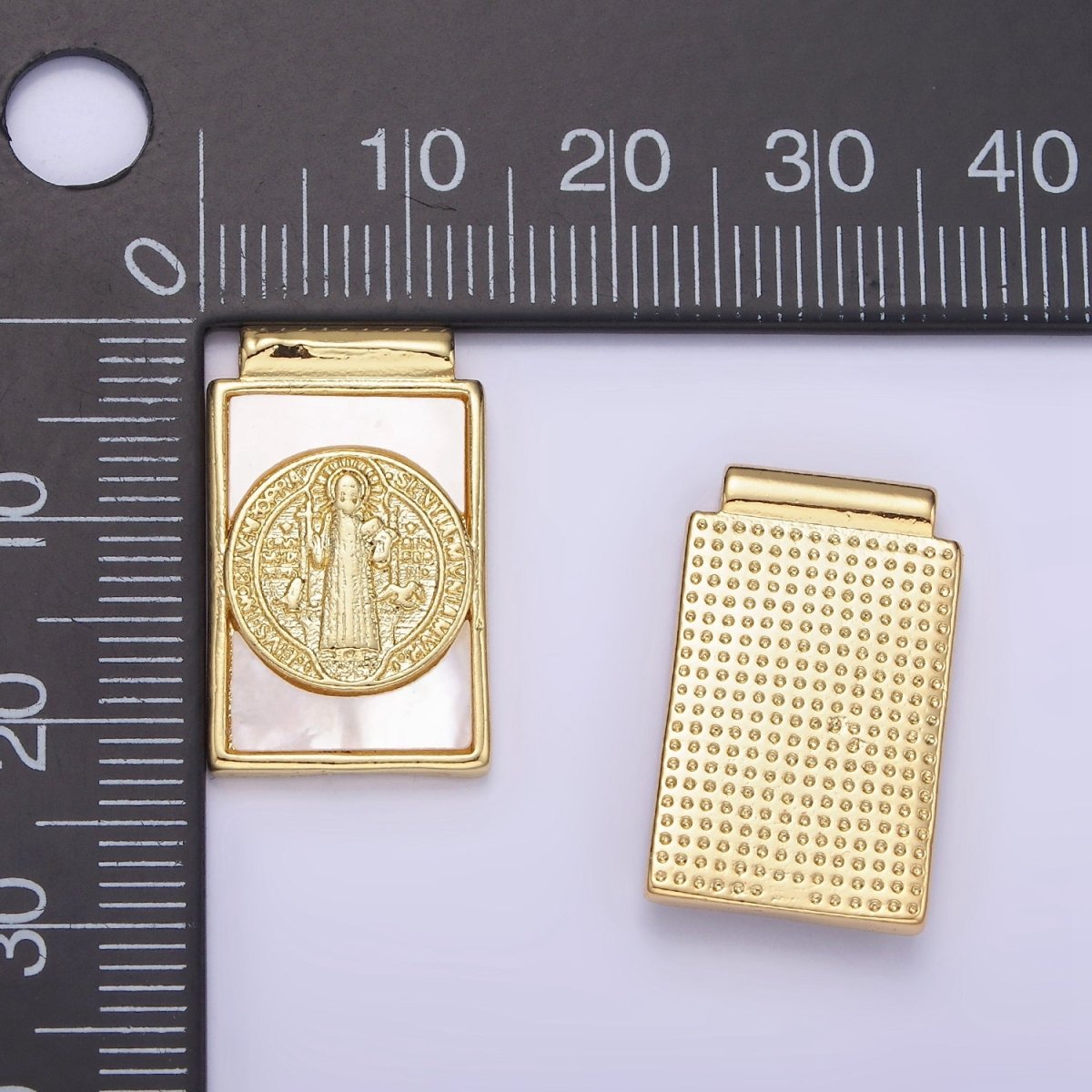14K Gold Filled 22mm Saint Benedict Shell Pearl Rectangular Pendant | AH155