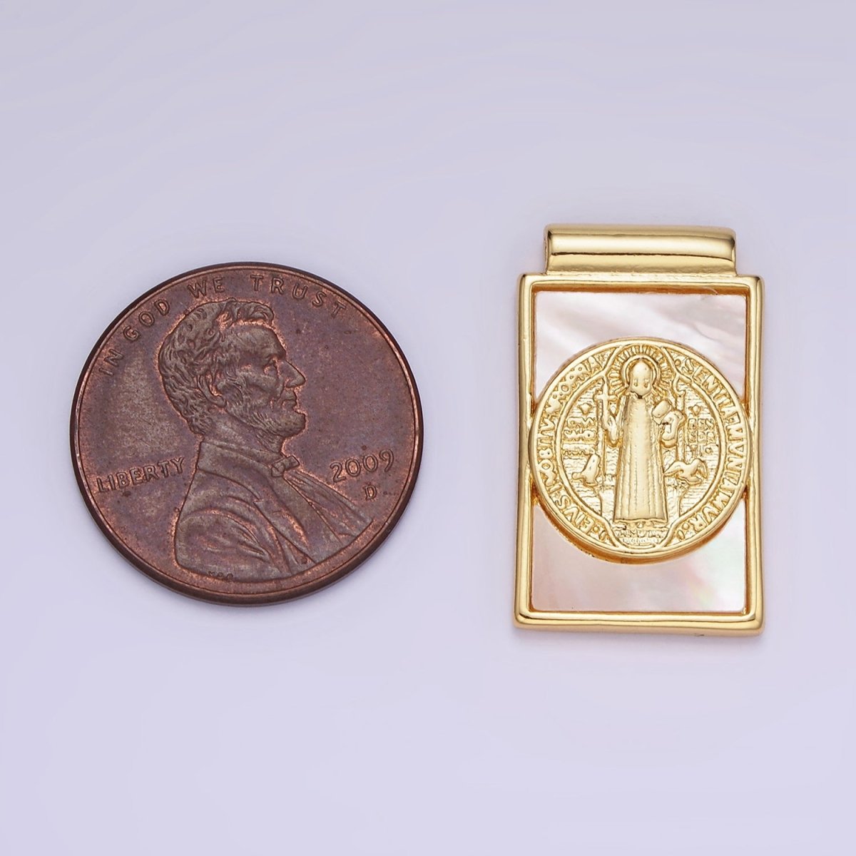 14K Gold Filled 22mm Saint Benedict Shell Pearl Rectangular Pendant | AH155