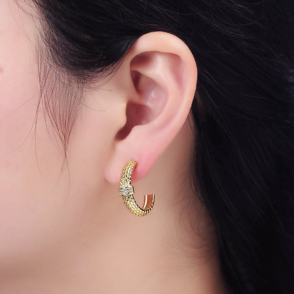 14K Gold Filled 23mm Sphere Textured Clear CZ Micro Paved Bar C-Shaped Hoop Earrings | AD-427