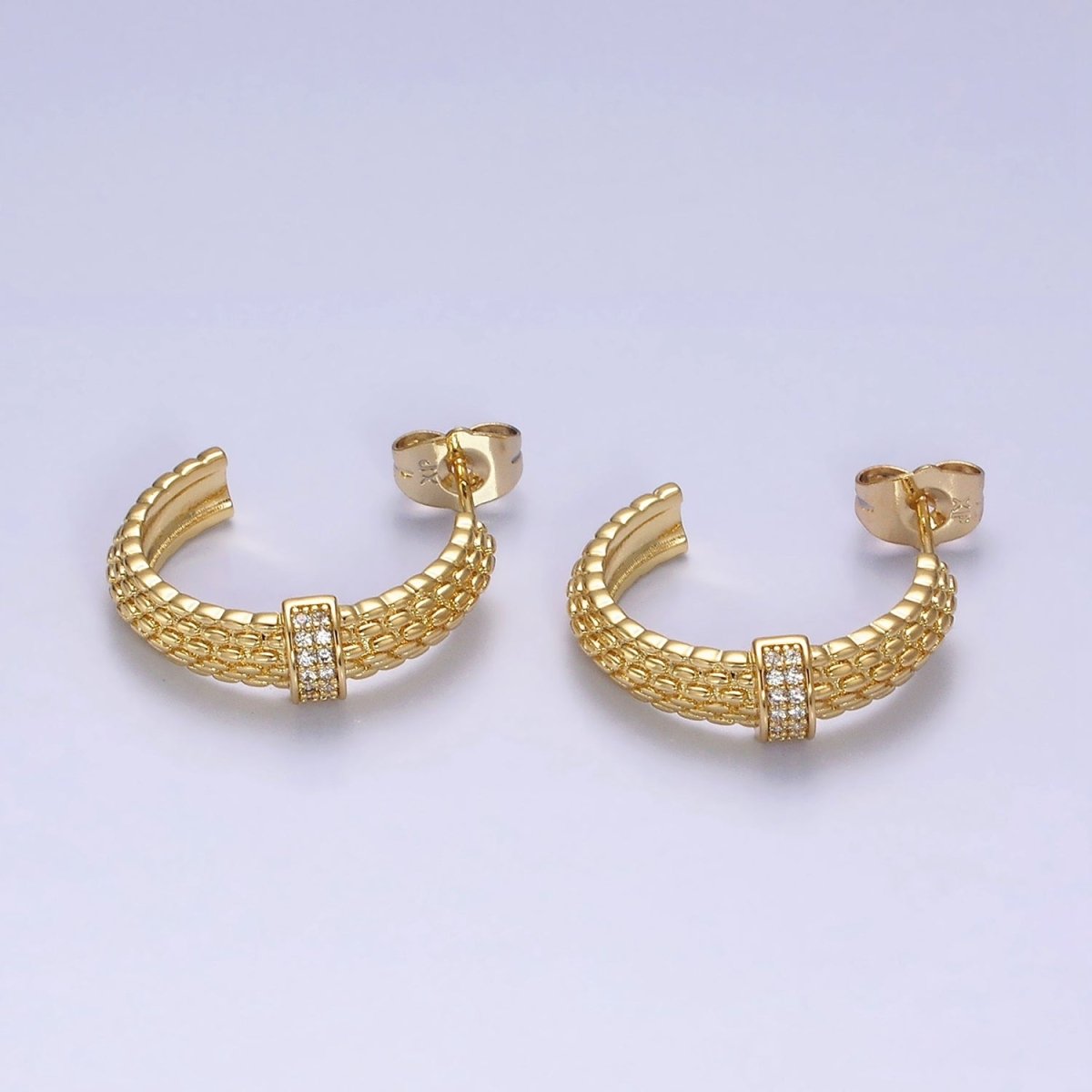 14K Gold Filled 23mm Sphere Textured Clear CZ Micro Paved Bar C-Shaped Hoop Earrings | AD-427