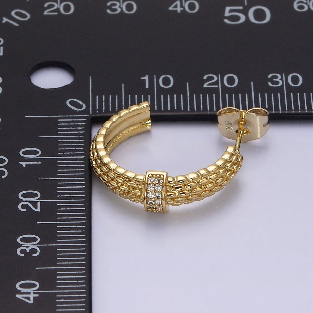 14K Gold Filled 23mm Sphere Textured Clear CZ Micro Paved Bar C-Shaped Hoop Earrings | AD-427
