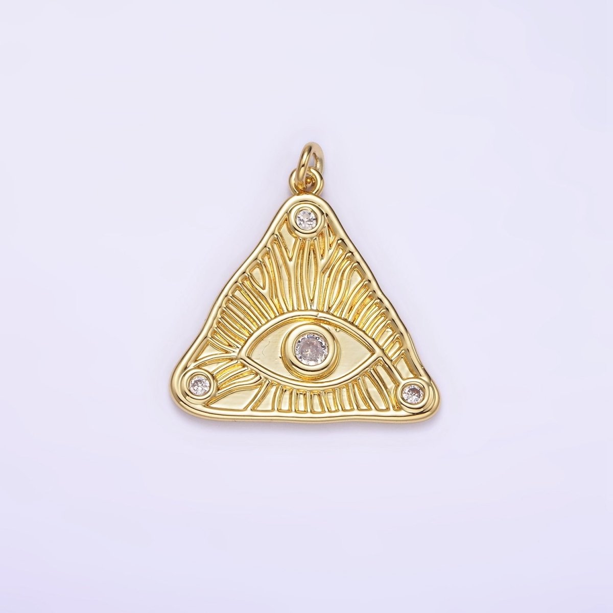 14K Gold Filled 24.5mm Clear Triple CZ Evil Eye Line-Textured Triangle Charm | AG265