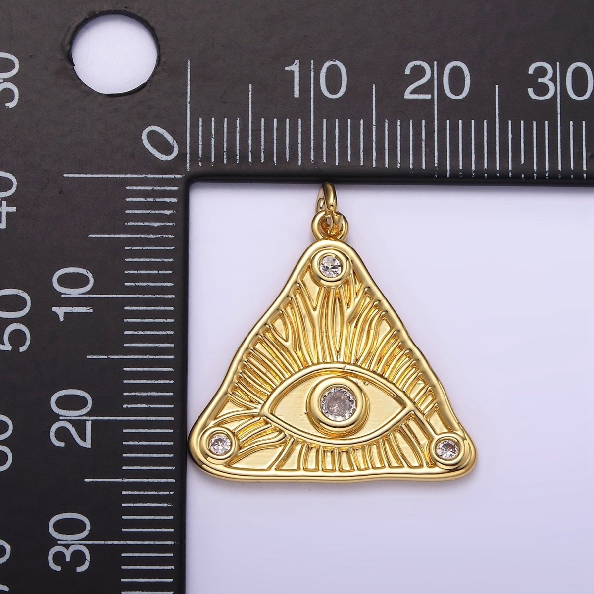 14K Gold Filled 24.5mm Clear Triple CZ Evil Eye Line-Textured Triangle Charm | AG265