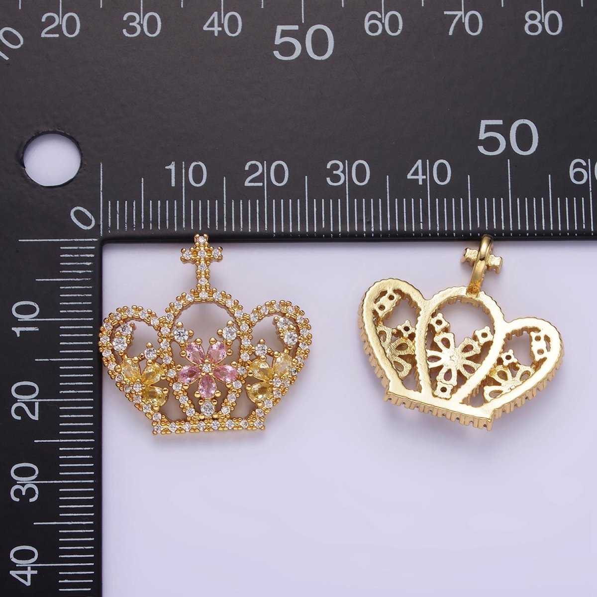 14K Gold Filled 24mm Multicolor Triple Flower CZ Micro Paved Open Cross Royal Crown Pendant | AA1134