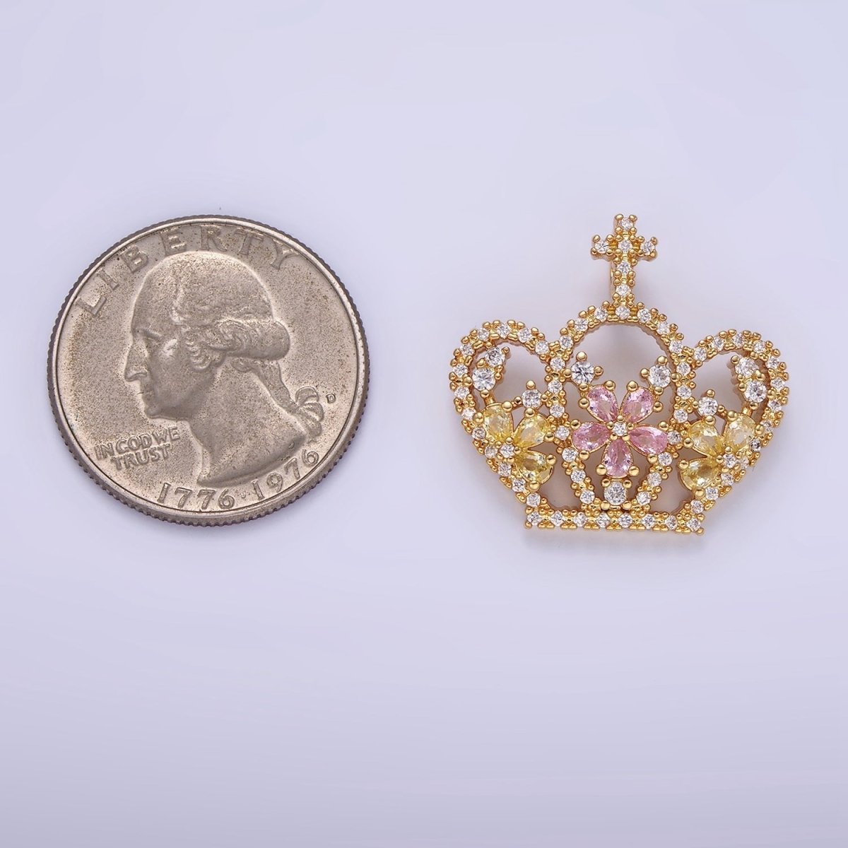 14K Gold Filled 24mm Multicolor Triple Flower CZ Micro Paved Open Cross Royal Crown Pendant | AA1134