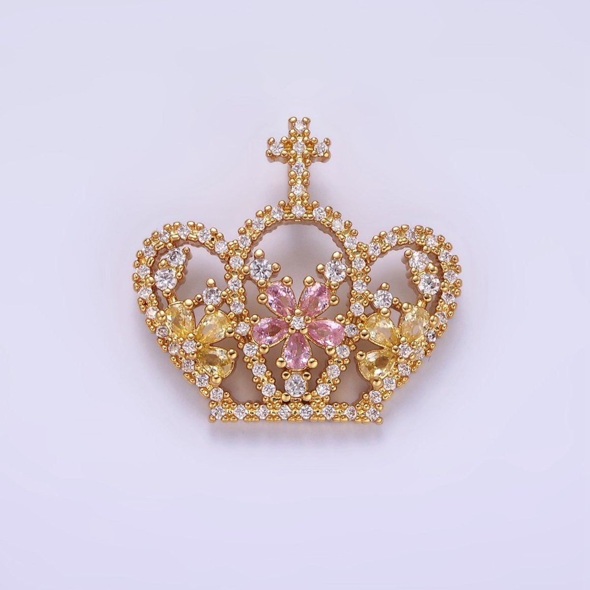 14K Gold Filled 24mm Multicolor Triple Flower CZ Micro Paved Open Cross Royal Crown Pendant | AA1134