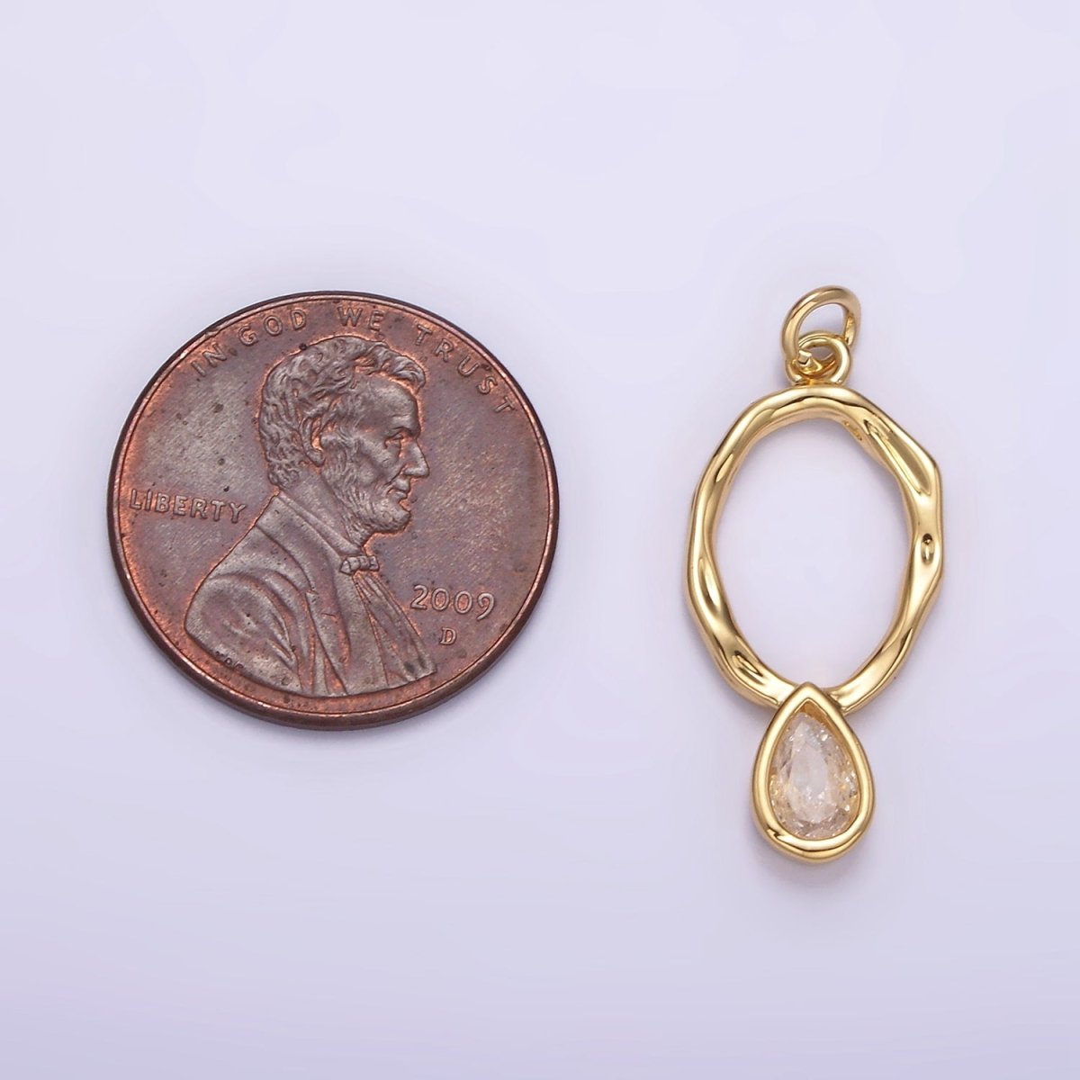 14K Gold Filled 25.5mm Open Dented Oblong Clear Teardrop CZ Drop Charm | AG280