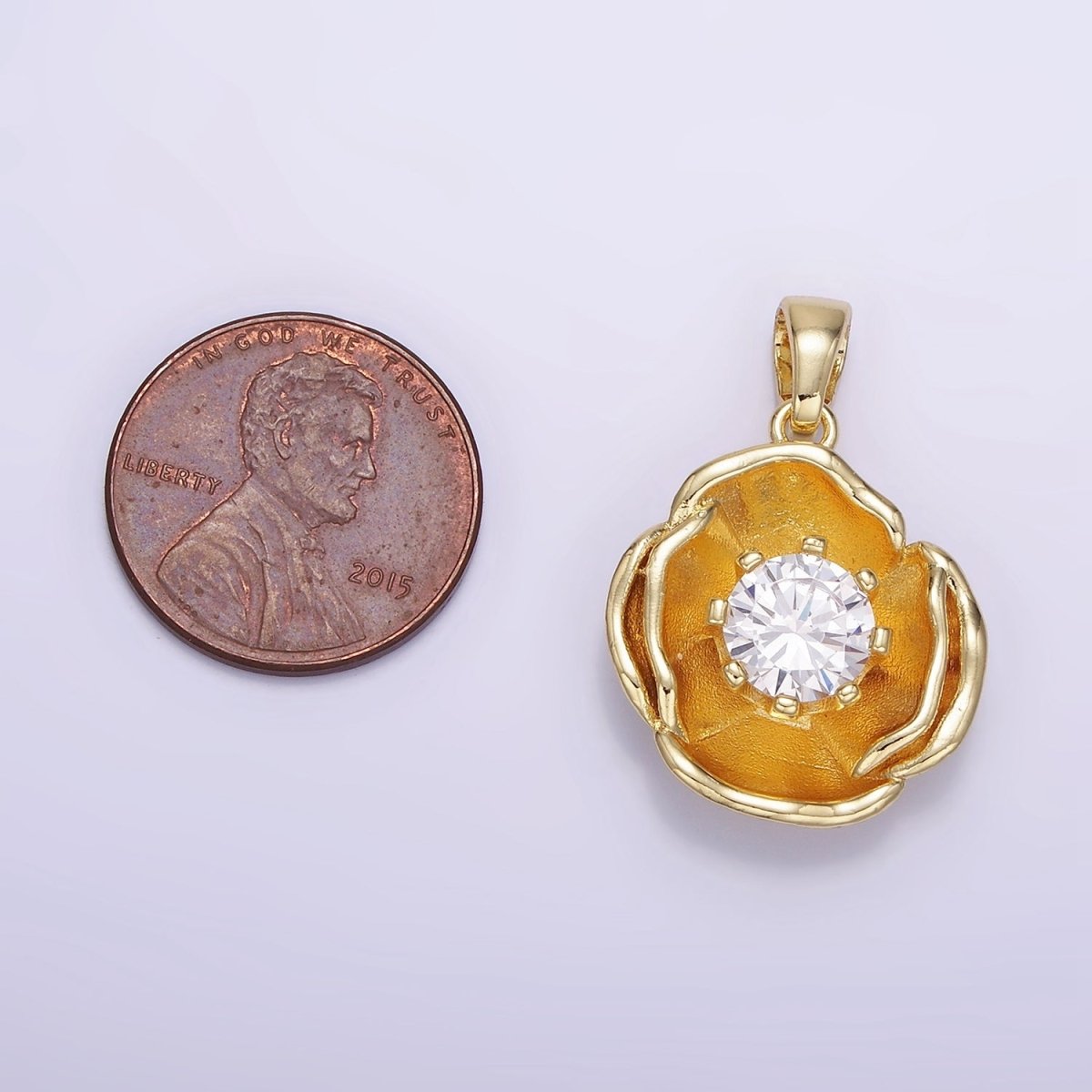 14K Gold Filled 25mm Clear CZ Hammered Dome Petal Flower Pendant | AH154