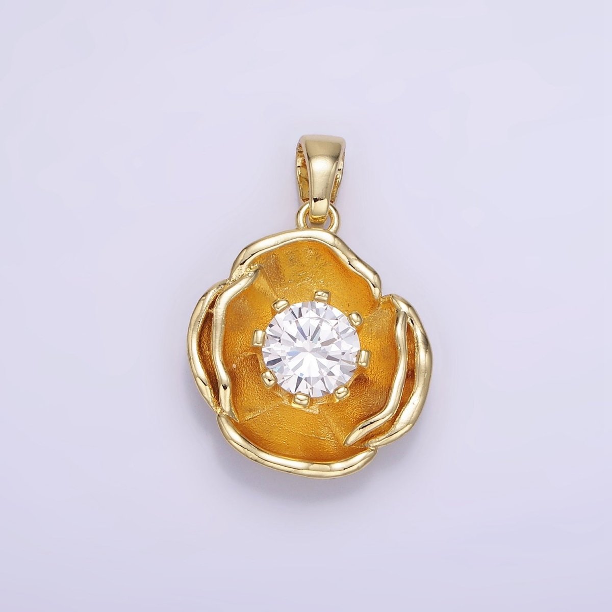 14K Gold Filled 25mm Clear CZ Hammered Dome Petal Flower Pendant | AH154
