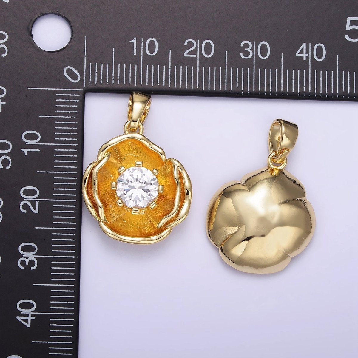 14K Gold Filled 25mm Clear CZ Hammered Dome Petal Flower Pendant | AH154