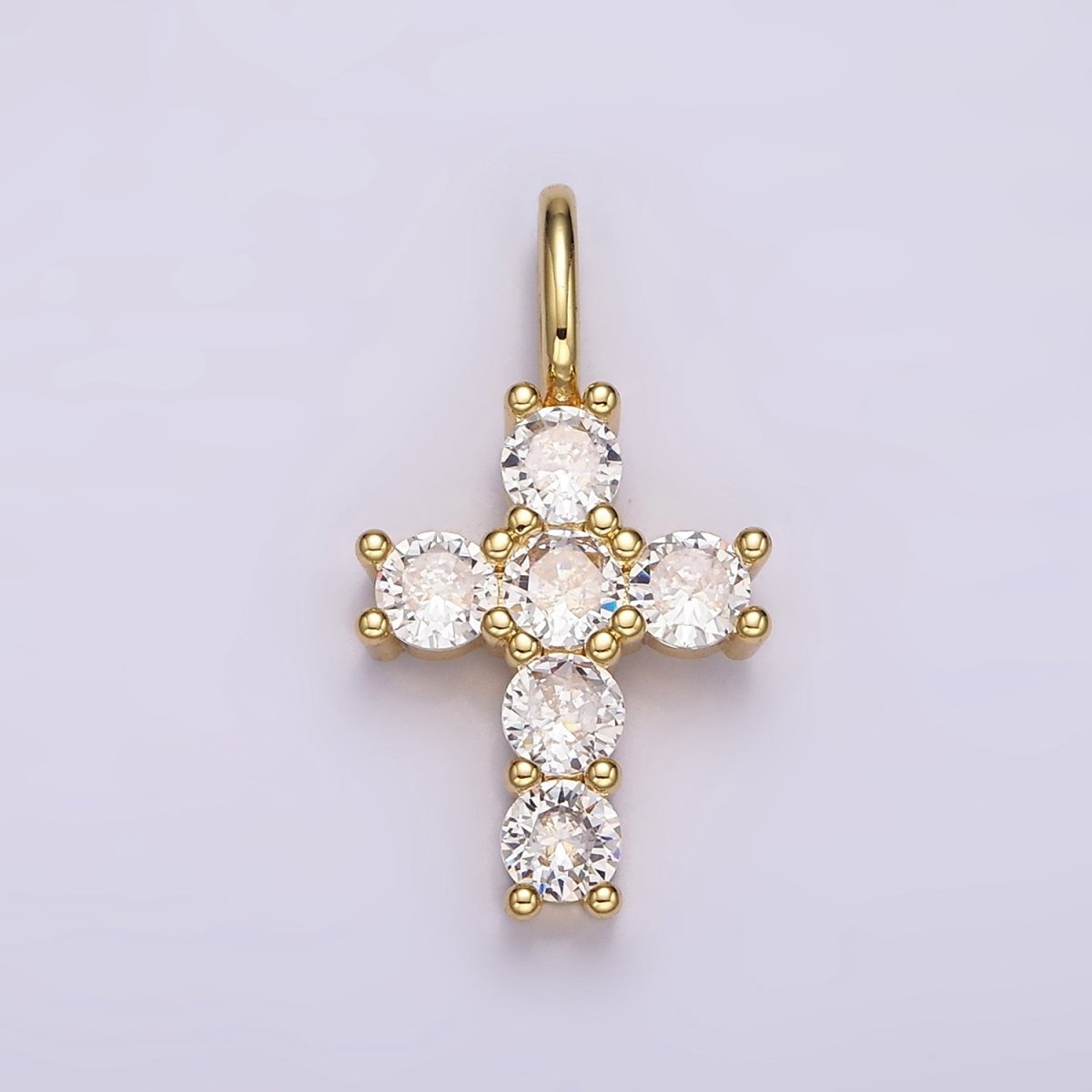 14K Gold Filled 25mm Clear CZ Round Lined Cross Pendant | AH091