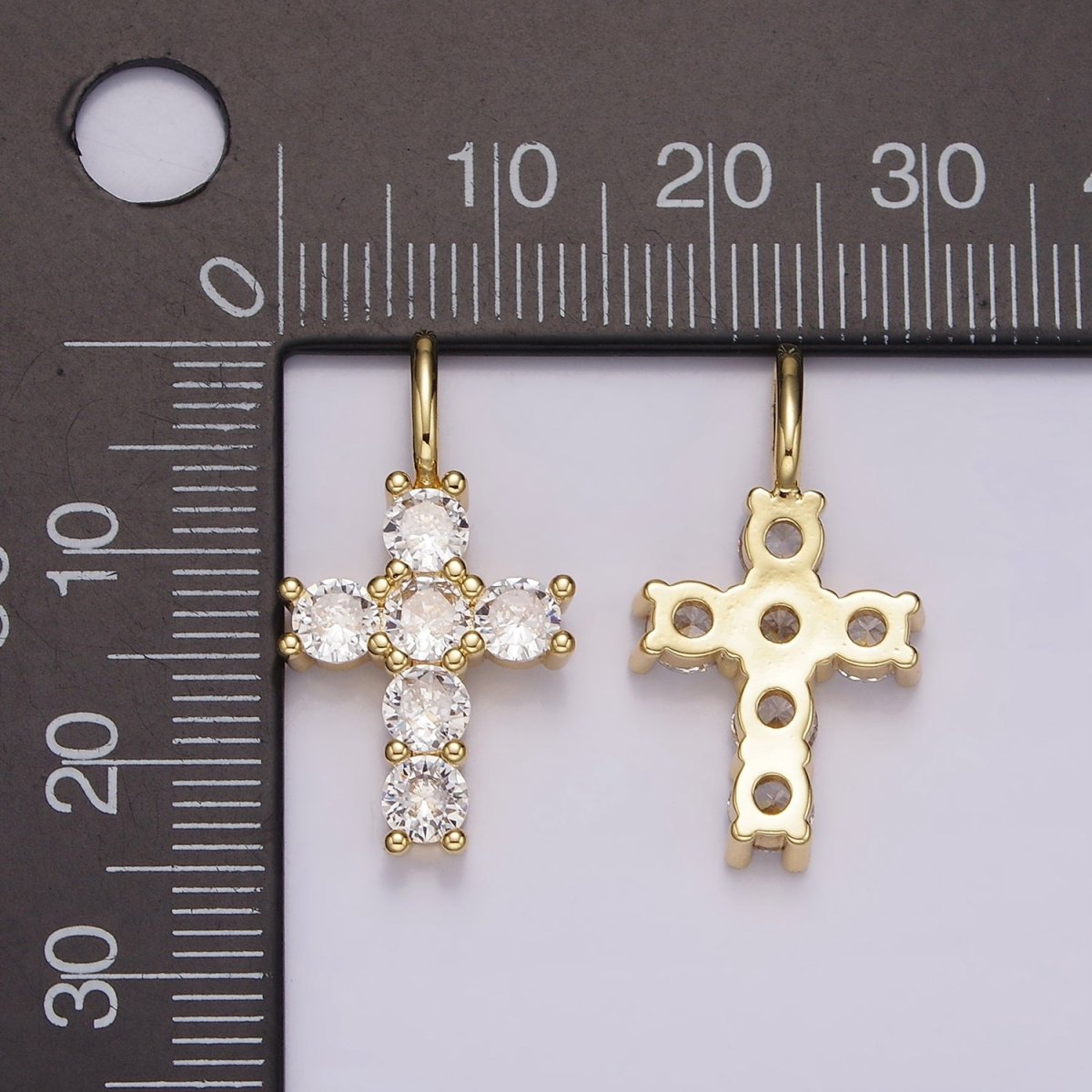 14K Gold Filled 25mm Clear CZ Round Lined Cross Pendant | AH091