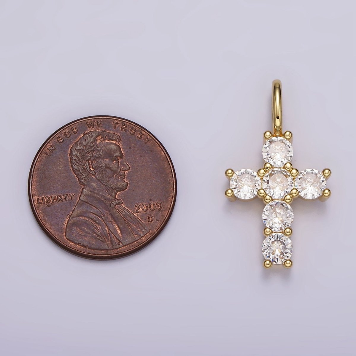 14K Gold Filled 25mm Clear CZ Round Lined Cross Pendant | AH091