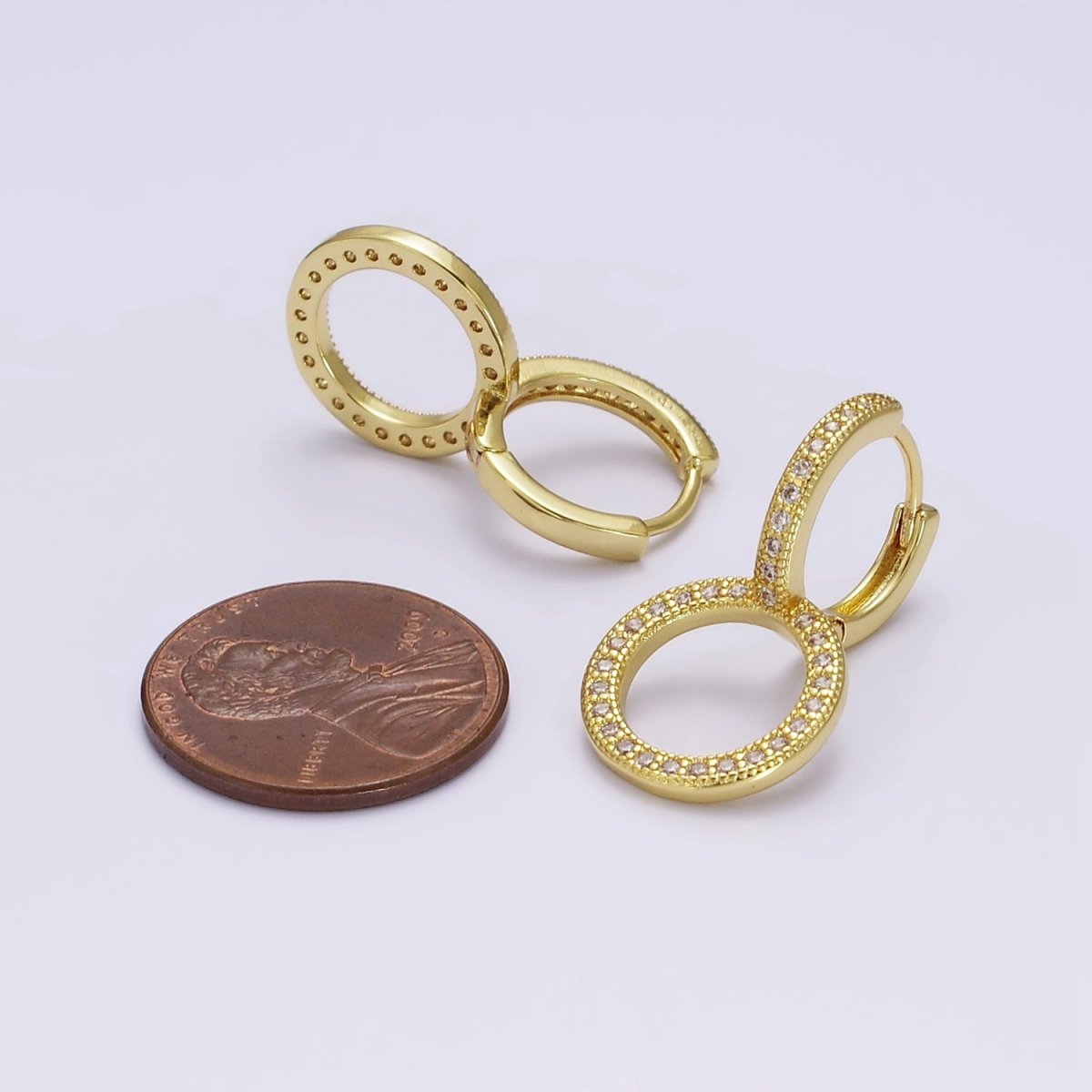 14K Gold Filled 25mm Clear Micro Paved CZ Double Circle Drop Huggie Earrings | AE769