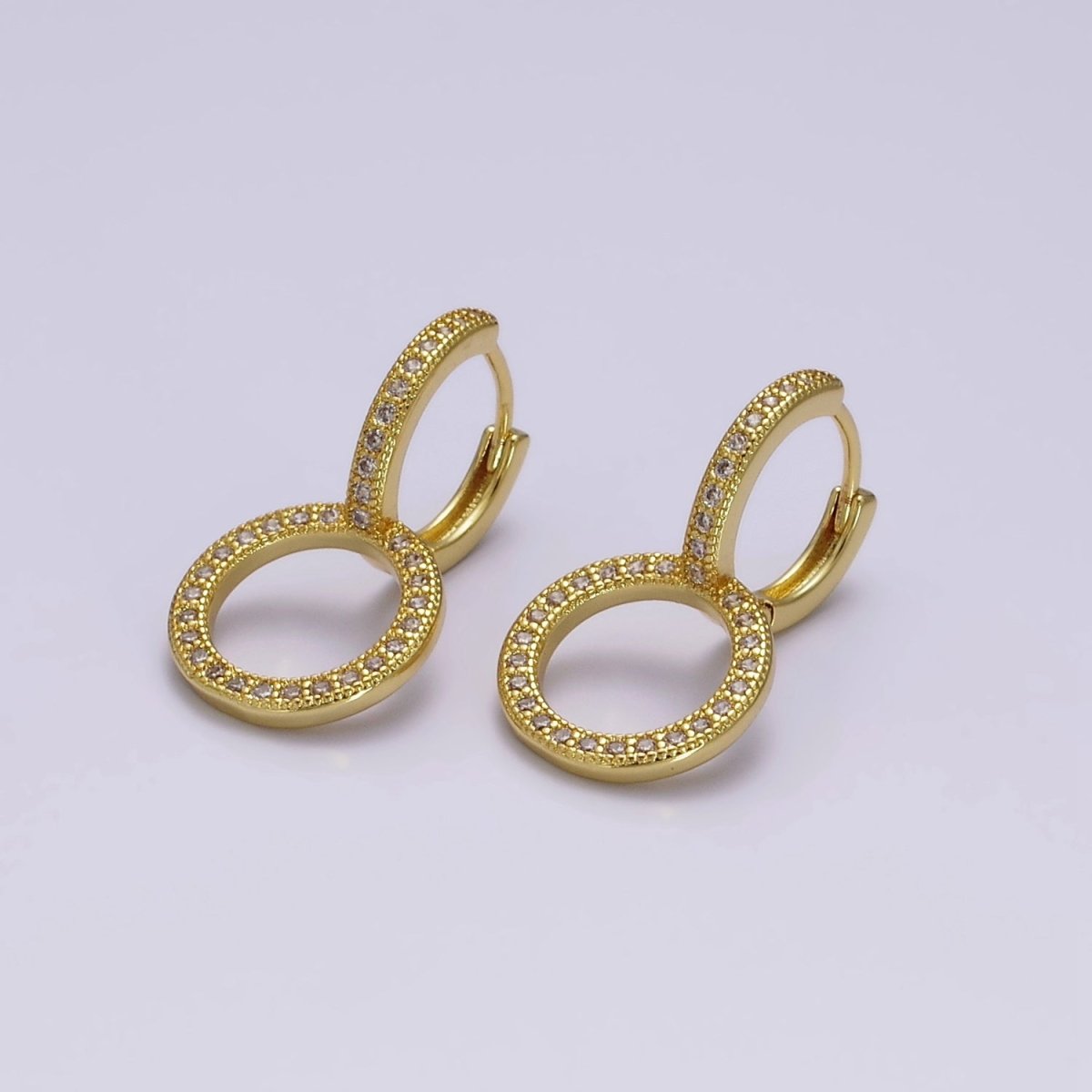 14K Gold Filled 25mm Clear Micro Paved CZ Double Circle Drop Huggie Earrings | AE769