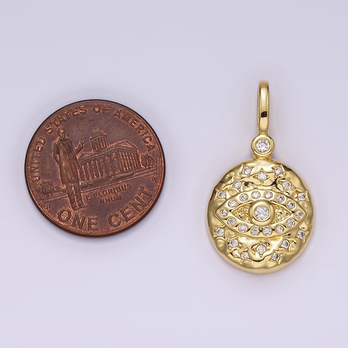14K Gold Filled 25mm Evil Eye Celestial Star Hammered Round Drop CZ Pendant | AH129