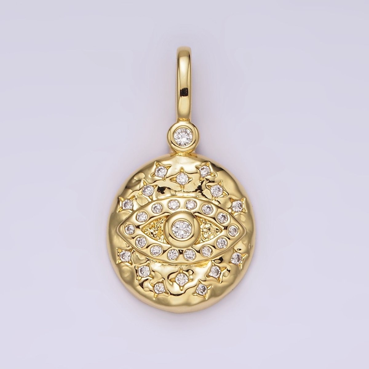 14K Gold Filled 25mm Evil Eye Celestial Star Hammered Round Drop CZ Pendant | AH129