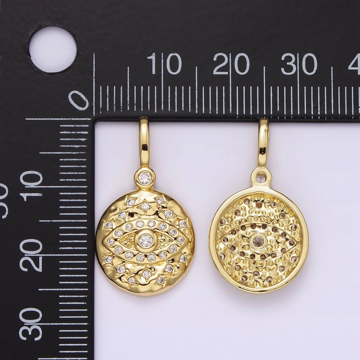 14K Gold Filled 25mm Evil Eye Celestial Star Hammered Round Drop CZ Pendant | AH129