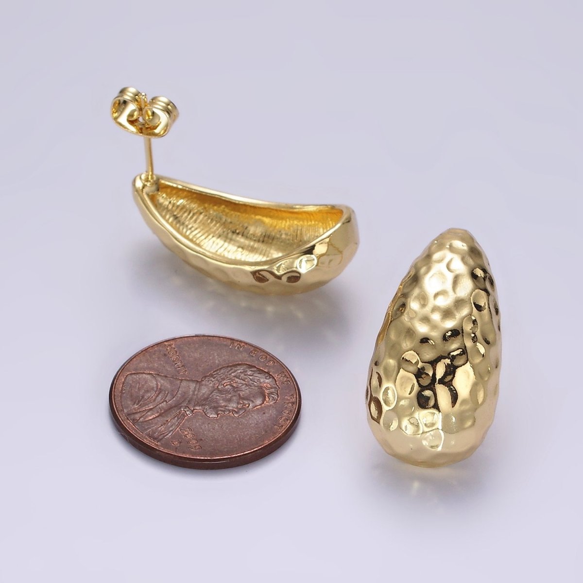 14K Gold Filled 25mm Hammered Teardrop Dome Modern Statement Stud Kylie Earrings | AE171