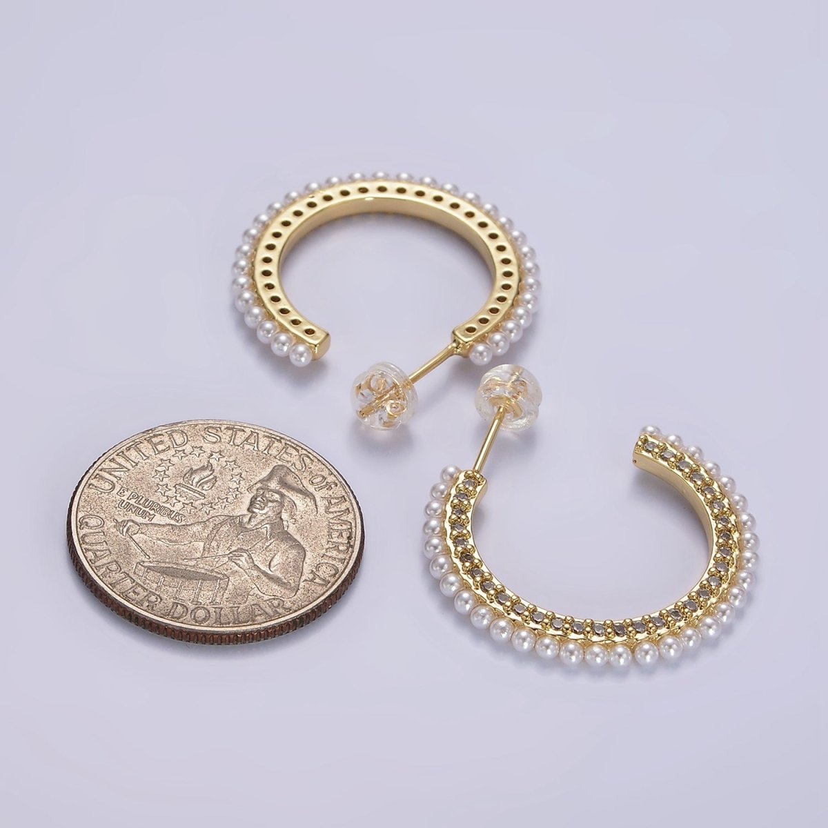 14K Gold Filled 25mm Micro Paved CZ Pearl Dotted C-Shaped Hoop Earrings | AE978