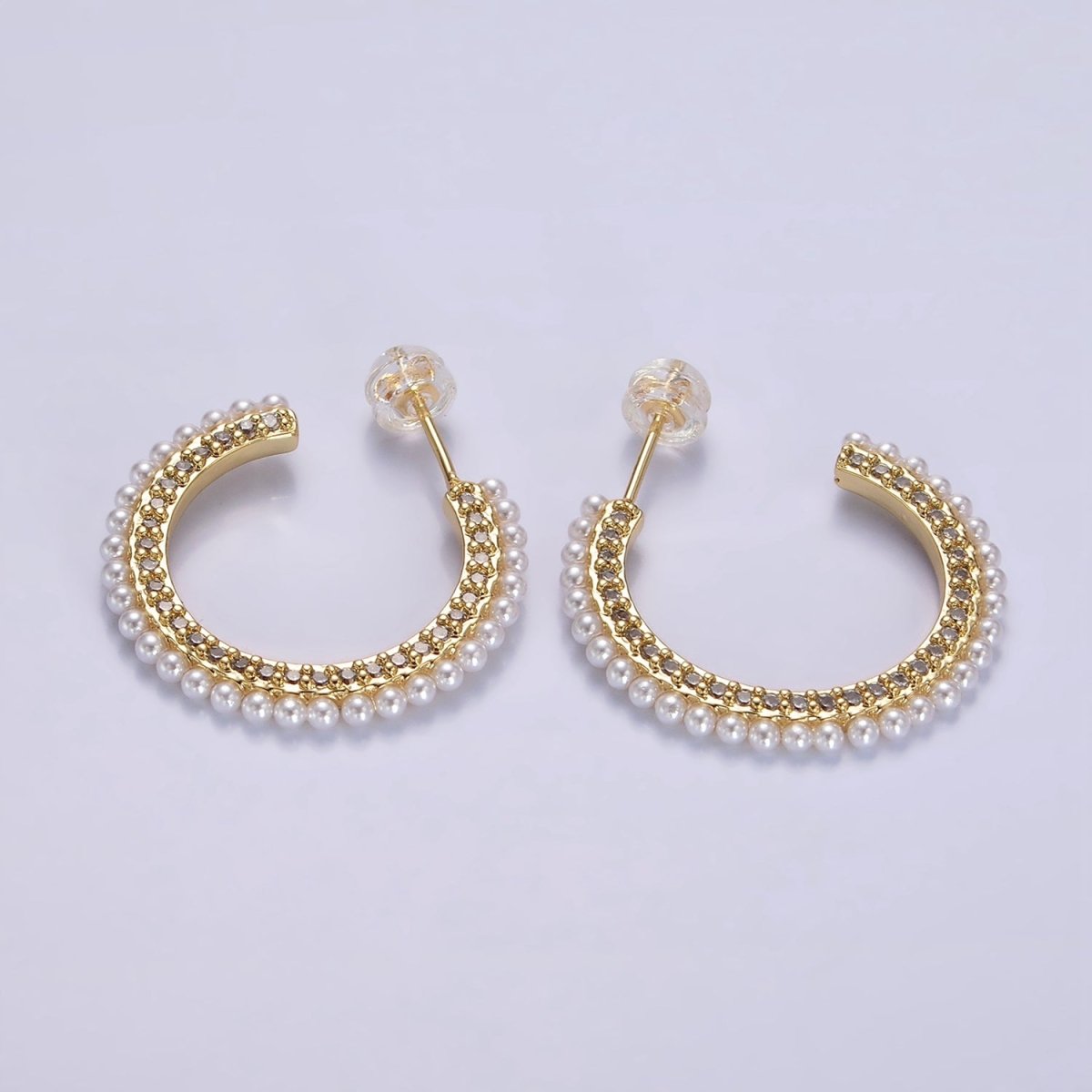 14K Gold Filled 25mm Micro Paved CZ Pearl Dotted C-Shaped Hoop Earrings | AE978
