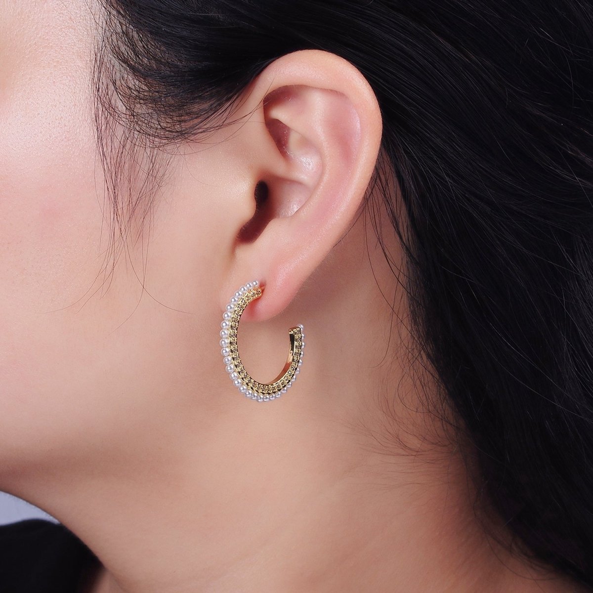 14K Gold Filled 25mm Micro Paved CZ Pearl Dotted C-Shaped Hoop Earrings | AE978