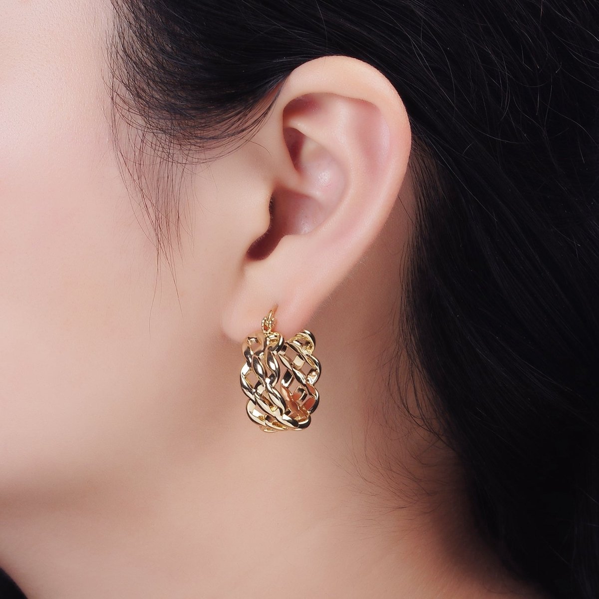 14K Gold Filled 25mm Molten Weave French Lock Latch Hoop Earrings | AE900