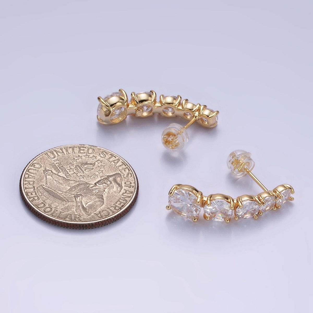 14K Gold Filled 25mm Multiple Clear Round CZ Curved Lined Stud Earrings | AE411