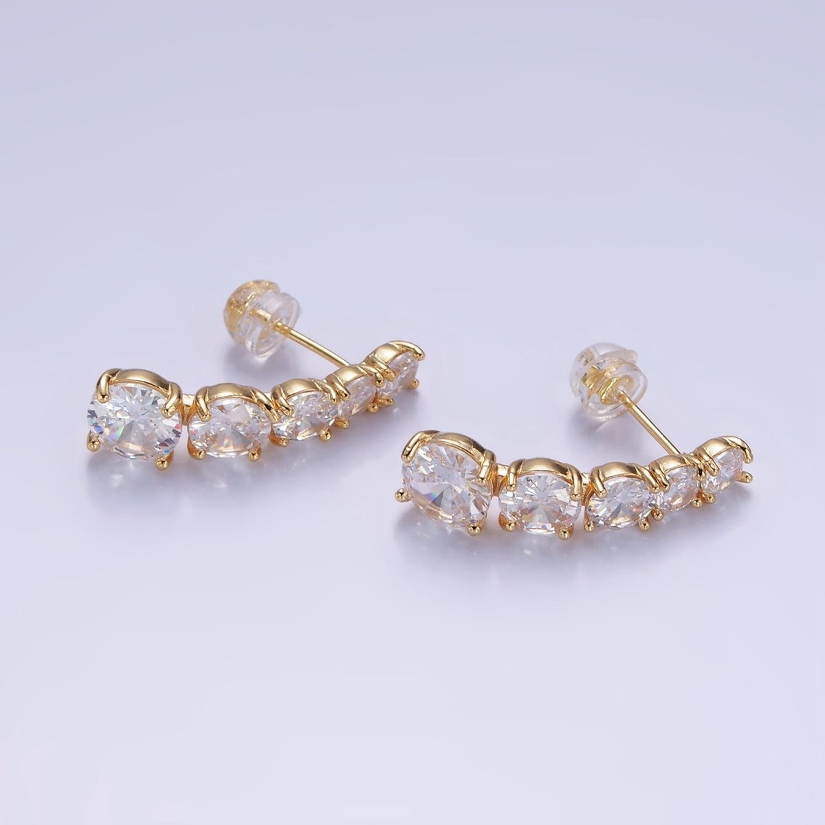 14K Gold Filled 25mm Multiple Clear Round CZ Curved Lined Stud Earrings | AE411