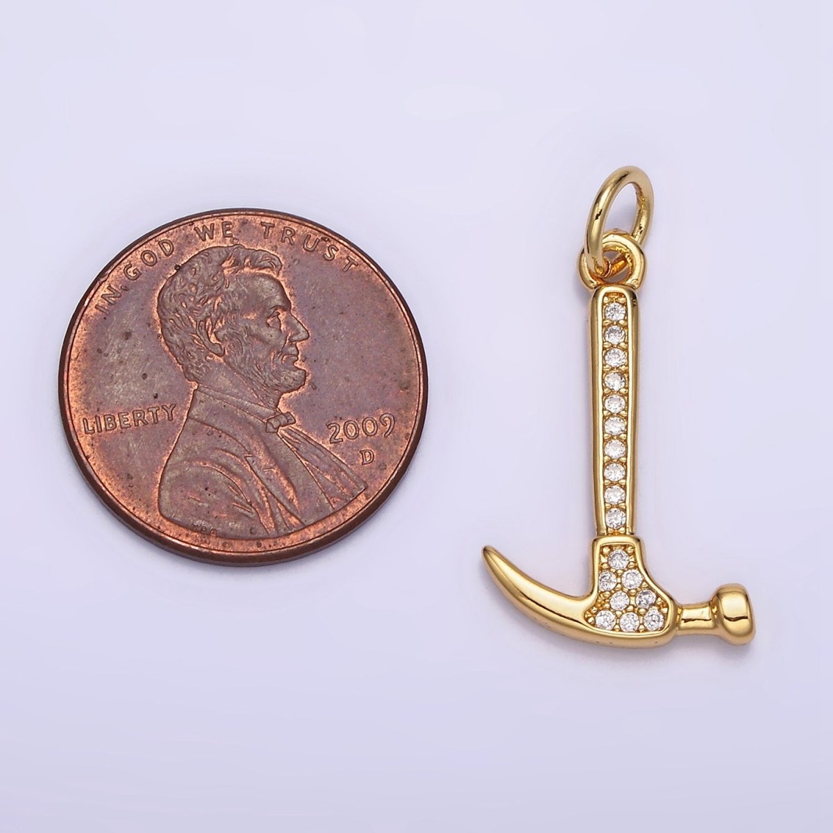 14K Gold Filled 26mm Clear Micro Paved CZ Hammer Construction Tool Charm | N1103