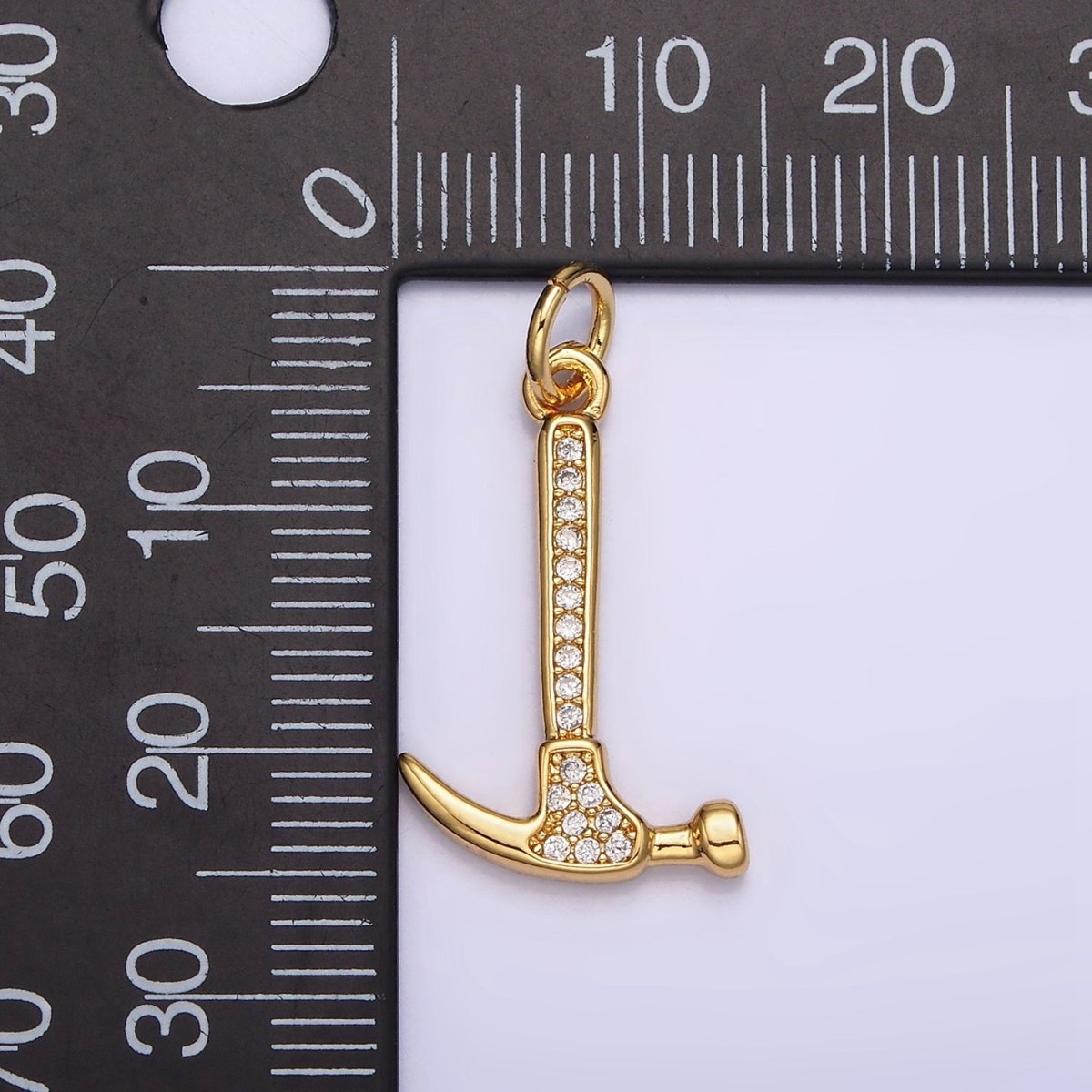 14K Gold Filled 26mm Clear Micro Paved CZ Hammer Construction Tool Charm | N1103